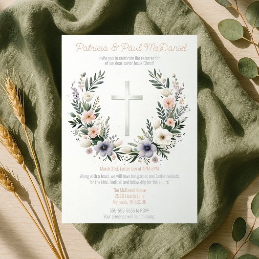Invitation Jolie Croix du christianisme floral Fête de Pâques