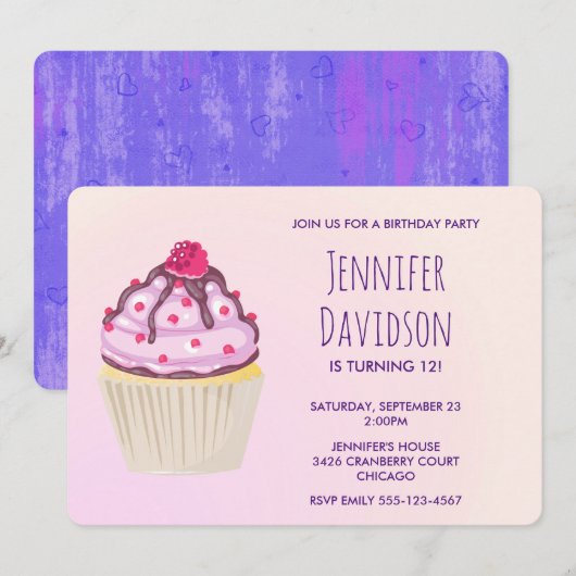 Invitation Jolie Cupcake avec Framboise sur le Dessus (Devant / Derrière)