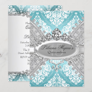 Invitation Jolie Damask Argent Bleu & Couronne de Quinceanera