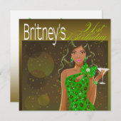 Invitation Jolie dame Anniversaire Cocktail olive/vert (Devant / Derrière)