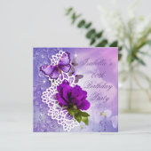 Invitation Jolie dentelle Fleurs papillon pourpre Anniversair (Debout devant)