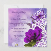 Invitation Jolie dentelle Fleurs papillon pourpre Anniversair (Dos)