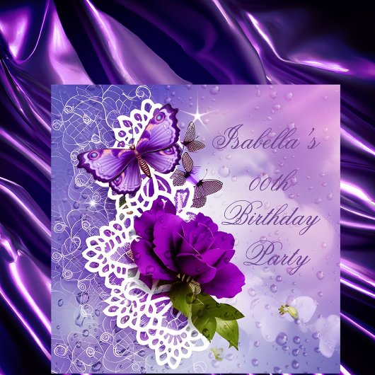 Invitation Jolie dentelle Fleurs papillon pourpre Anniversair