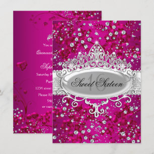 Invitation Jolie Diadème Étincelle Fleurs Rose Sweet 16
