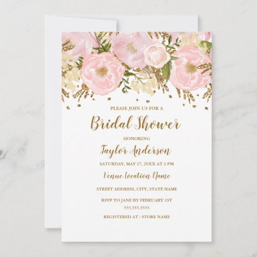 Invitation Jolie douche florale rose blush or (Devant)