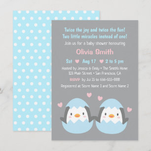 Invitation Jolie Éclosion de Jumeaux Manchots Baby Shower