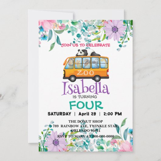 Invitation Jolie école de zoo Bus Animaux Anniversaire Fleurs (Devant)