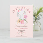 Invitation Jolie Eléphant Florals Fille 2e anniversaire Pink (Debout devant)