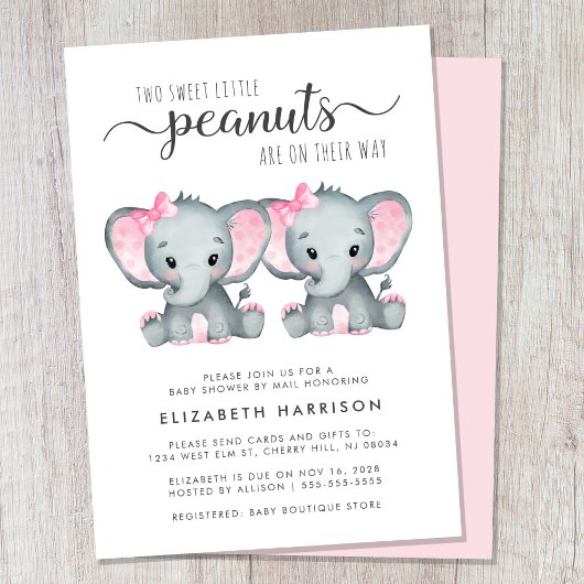 Invitation Jolie Eléphant Twin Girls Baby shower Par Mail