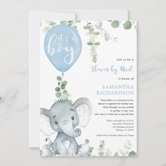 Invitation Jolie éléphant vert douche garçon par courrier (Devant)