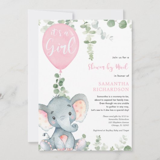 Invitation Jolie éléphant vert fille douche par mail (Devant)