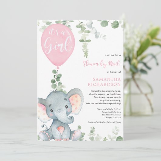 Invitation Jolie éléphant vert fille douche par mail (Debout devant)