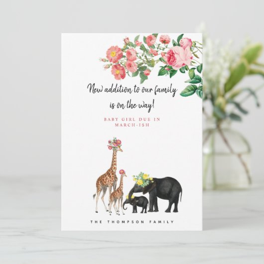 Invitation Jolie Eléphante Giraffe Grossesse Florale Annonce (Debout devant)