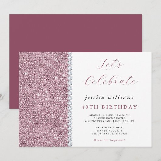 Invitation Jolie étincelle Sequins & Diamants Mauve Anniversa (Devant / Derrière)