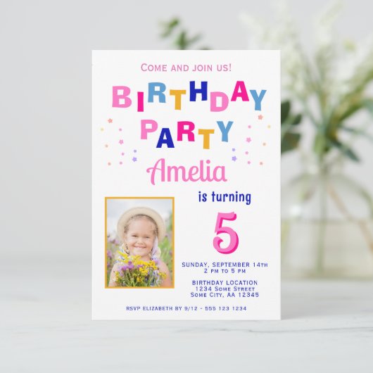 Invitation Jolie étoile colorée fille photo Anniversaire (Debout devant)