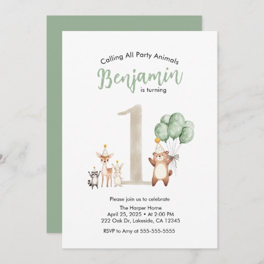 Invitation Jolie faune Forêt qui appelle tous les fêtards (Devant / Derrière)