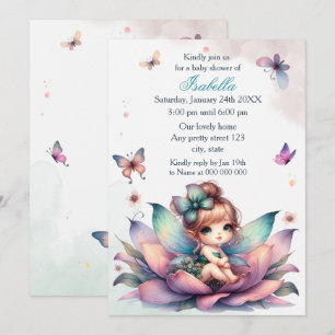 Invitation Jolie fée assise à l'intérieur d'une fleur baby sh
