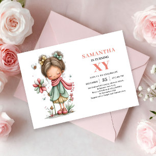 Invitation Jolie Fée Fille 5ème Anniversaire Magique Rose inv