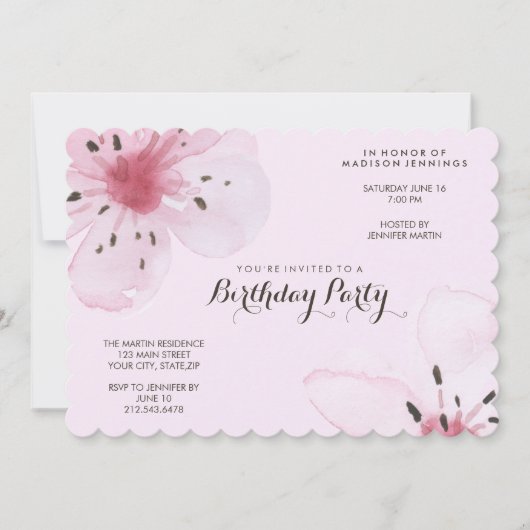 Invitation Jolie Feminine Rose Cerise Fleur Anniversaire (Devant)