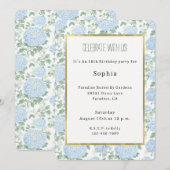 Invitation Jolie Fête Anniversaire Fleurs Blanches Bleu Clair (Devant / Derrière)