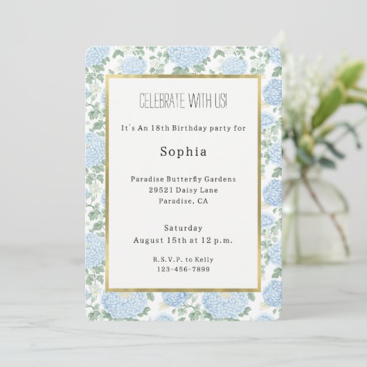 Invitation Jolie Fête Anniversaire Fleurs Blanches Bleu Clair (Debout devant)