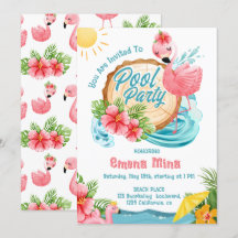 jolie fete au bord de la piscine avec flamant rose