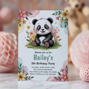 Invitation Jolie fête d'anniversaire 5 ans panda floral pour 