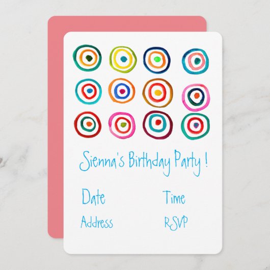 Invitation Jolie fête d'anniversaire aux filles blanches et c (Devant / Derrière)