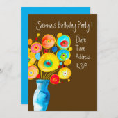 Invitation Jolie fête d'anniversaire aux fleurs colorées (Devant / Derrière)