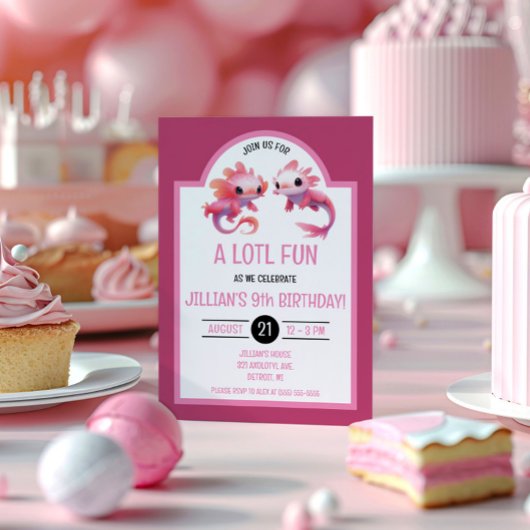 Invitation Jolie Fête d'Anniversaire Axolotl Rose