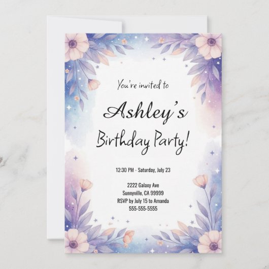 Invitation Jolie Fête d'Anniversaire Bleue & Violette Fille (Devant)