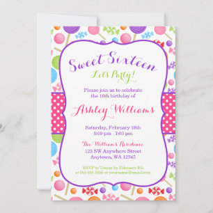 Invitation Jolie fête d'anniversaire Candy Sweet 16