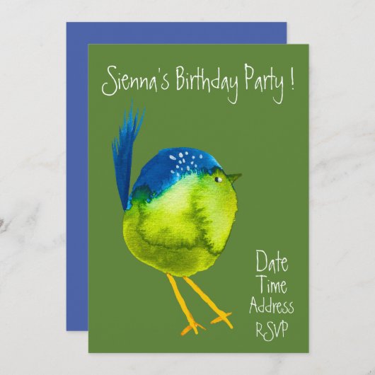 Invitation Jolie fête d'anniversaire colorée d'oiseau d'aquar (Devant / Derrière)