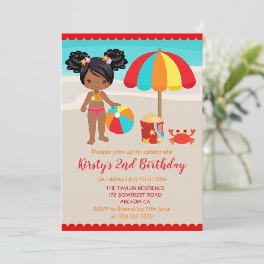 Invitation Jolie fête d'anniversaire de fille de plage d'été (Debout devant)