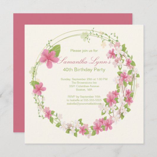 Invitation Jolie fête d'anniversaire de guirlande de fleur (Devant / Derrière)