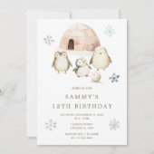 Invitation Jolie fête d'anniversaire des pingouins d'hiver (Devant)