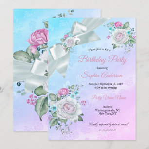 Invitation Jolie fête d'anniversaire fleurs bleues sarcelle v