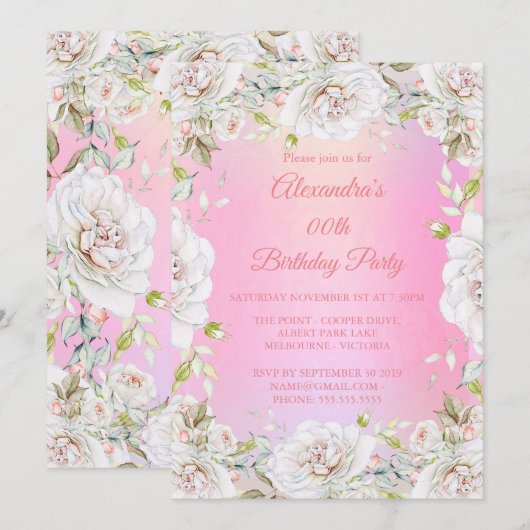 Invitation Jolie fête d'anniversaire Floral rose Roses blanch (Devant / Derrière)