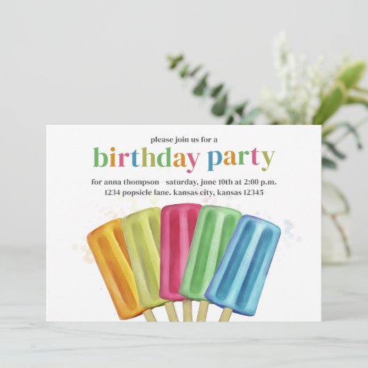 Invitation Jolie fête d'anniversaire Popsicles colorés (Debout devant)