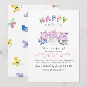 Invitation Jolie fête d'anniversaire pour les cochons mignons