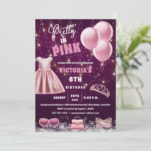 Invitation Jolie fête d'anniversaire rose (Debout devant)