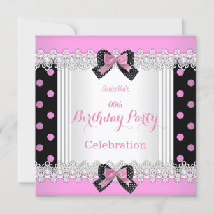 Invitation Jolie Fête d'Anniversaire Rose Noir Blanc à Pois