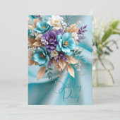 Invitation Jolie fête d'anniversaire soie Turquoise violet fl (Debout devant)