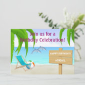Invitation Jolie fête d'anniversaire sur la plage des dauphin (Debout devant)
