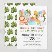 Invitation Jolie fête d'anniversaire sur le thème des animaux (Devant / Derrière)