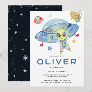 Invitation Jolie fête d'anniversaire sur l'espace avec un OVN
