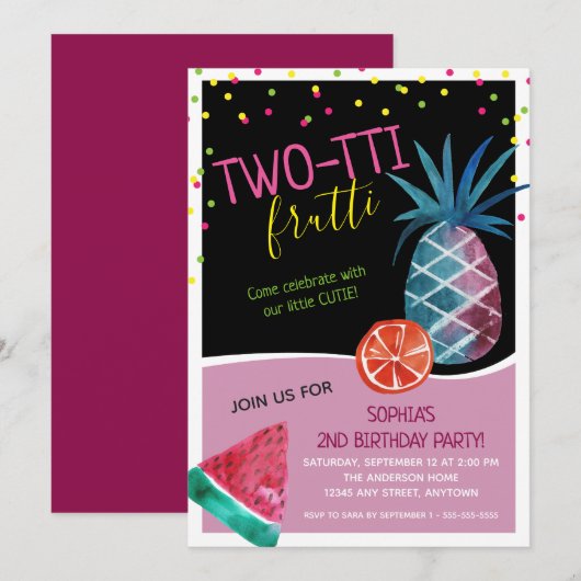Invitation Jolie fête d'anniversaire Two-tti Frutti pour un d (Devant / Derrière)