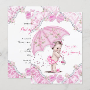 Invitation Jolie Fête de Bébé Fille Parapluie Rose Fleurs