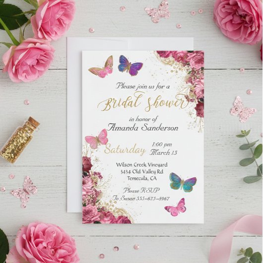 Invitation Jolie Fête de Mariée Chic Fleur Papillon Rose