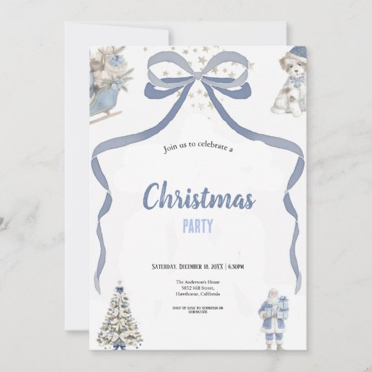 Invitation Jolie fête de Noël aquarelle bleue et grise (Devant)